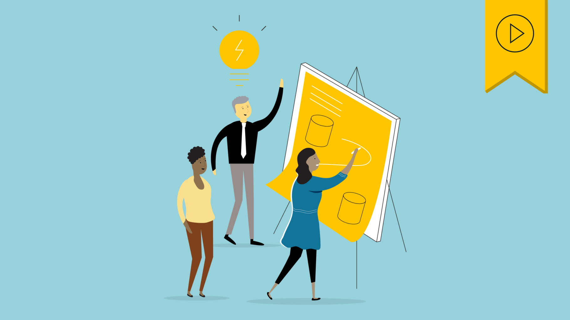 Header image of three figures writing on big post it note, one figure has a light bulb over his head with an idea. Above is a yellow flag with a black icon denoting that this webinar has a recording available.