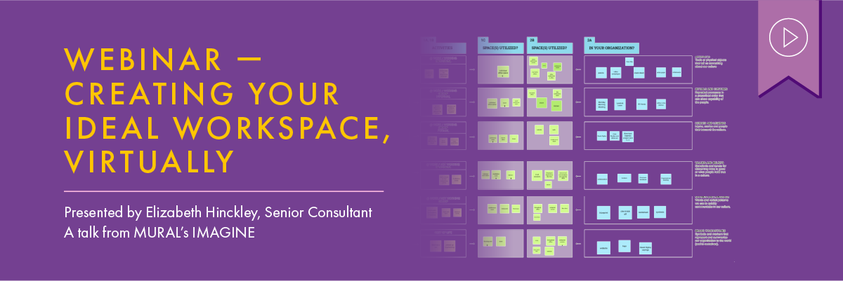 Header image of a cropped worksheet with many blue and green sticky notes. Text to the right reads “Creating Your Ideal Workspace, Virtually. With Elizabeth Hinckley, Senior Consultant. A talk from MURAL’s IMAGINE”. Above is a purple tag with a white play button icon denoting that this webinar has a recording available.