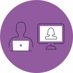 Purple icon with one person sitting at a desk with their laptop next to a person on a computer via video call