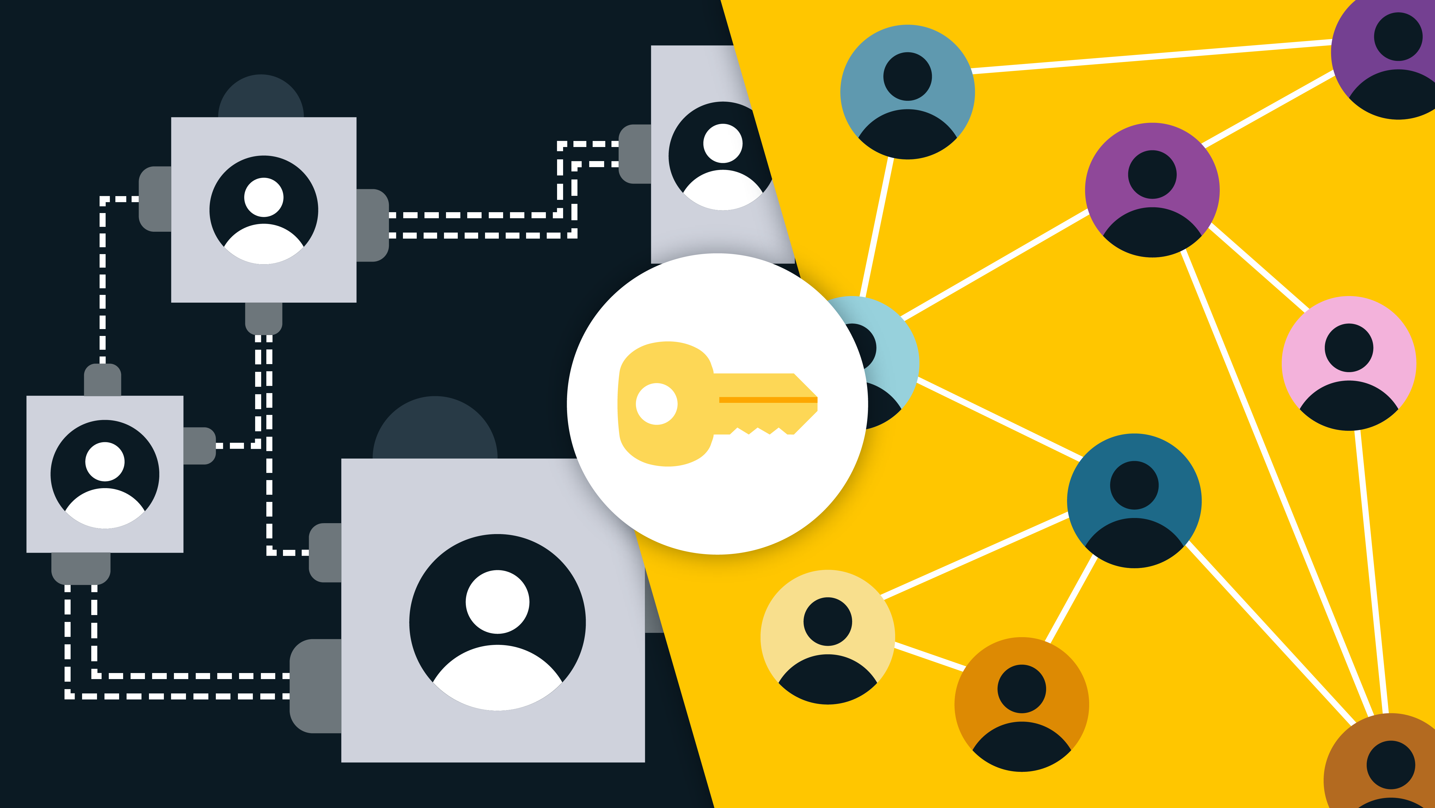 Blog header showing one side as dark machines with avatars of people in them, with very stagnant, dashed lines running between each person's machine. A key highlights a shift at the center to a bright yellow background with much more organic lines flowing between brightly colored employee avatars.
