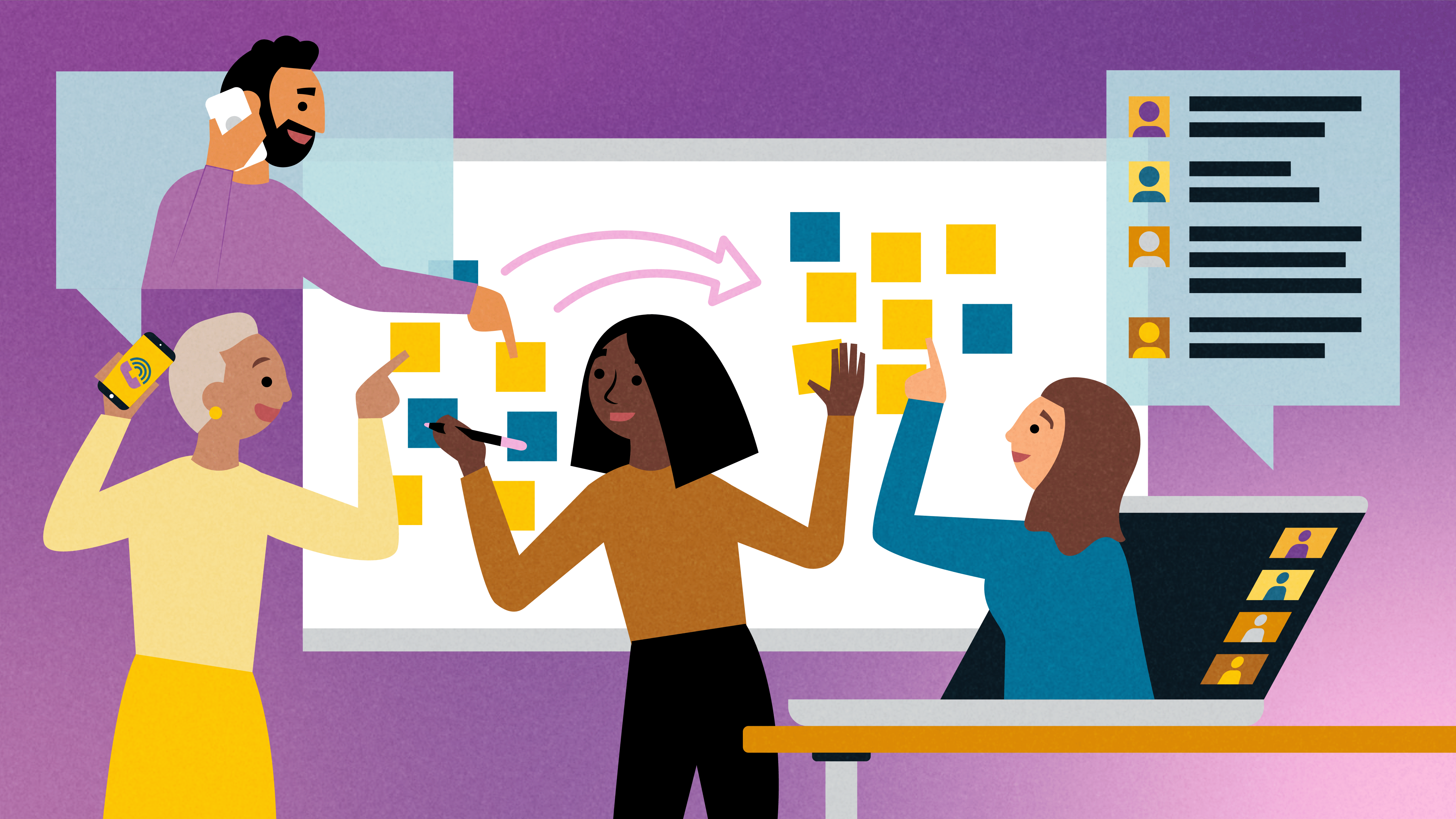 Image of four people collaborating on a whiteboard. Upper left is a man on a phone calling in, lower left is a woman holding a mobile phone and pointing to spot on whiteboard, in the middle is another woman facilitating the meeting, and the right is a woman joining the meeting and contributing ideas from her laptop, top right is a chat bubble