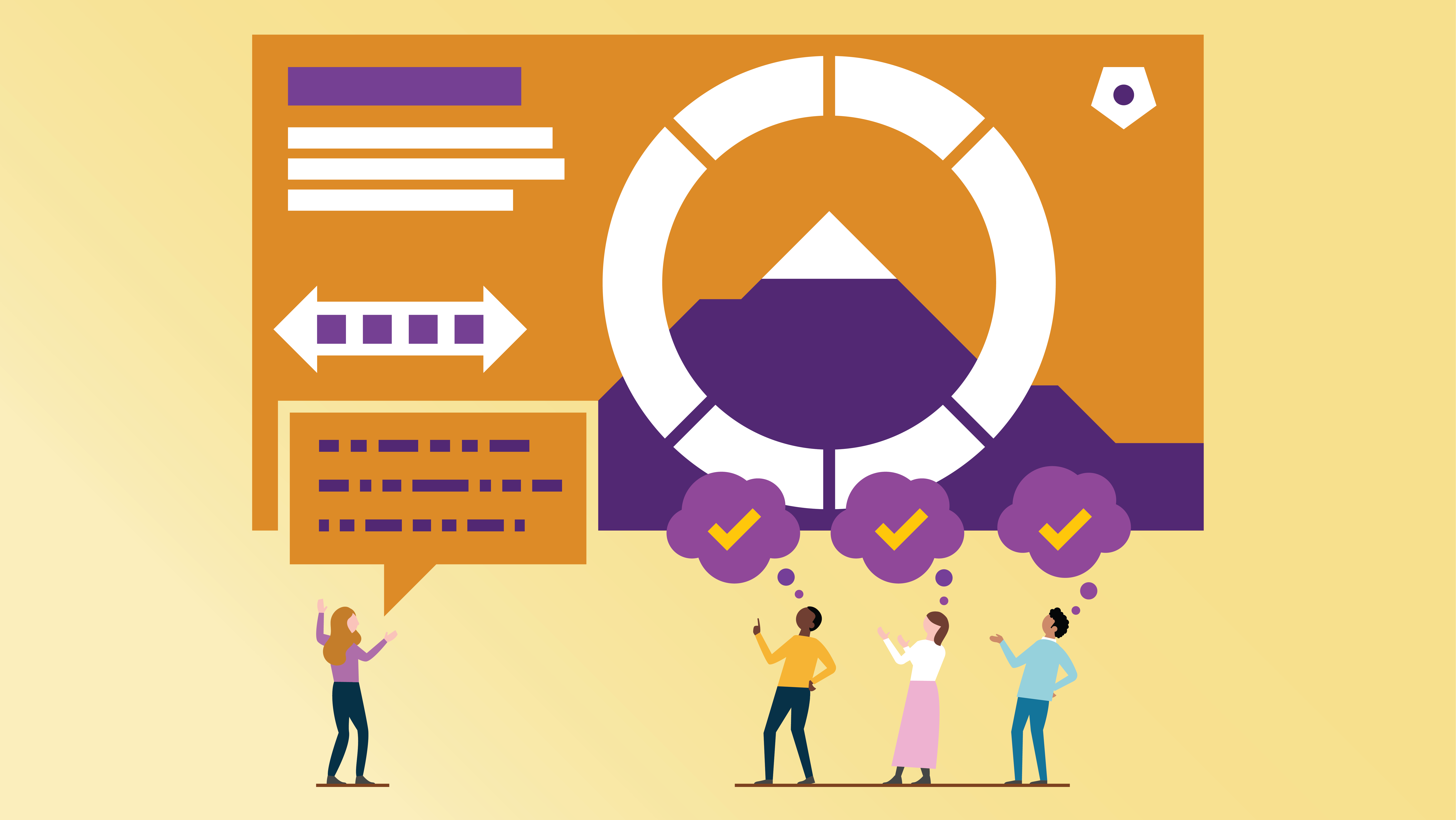 Four people stand in front of a map with various visuals on it. One person has an orange speech bubble with purple greeked text, the other three people have purple thought bubbles with yellow checkmarks. Against a light yellow background.