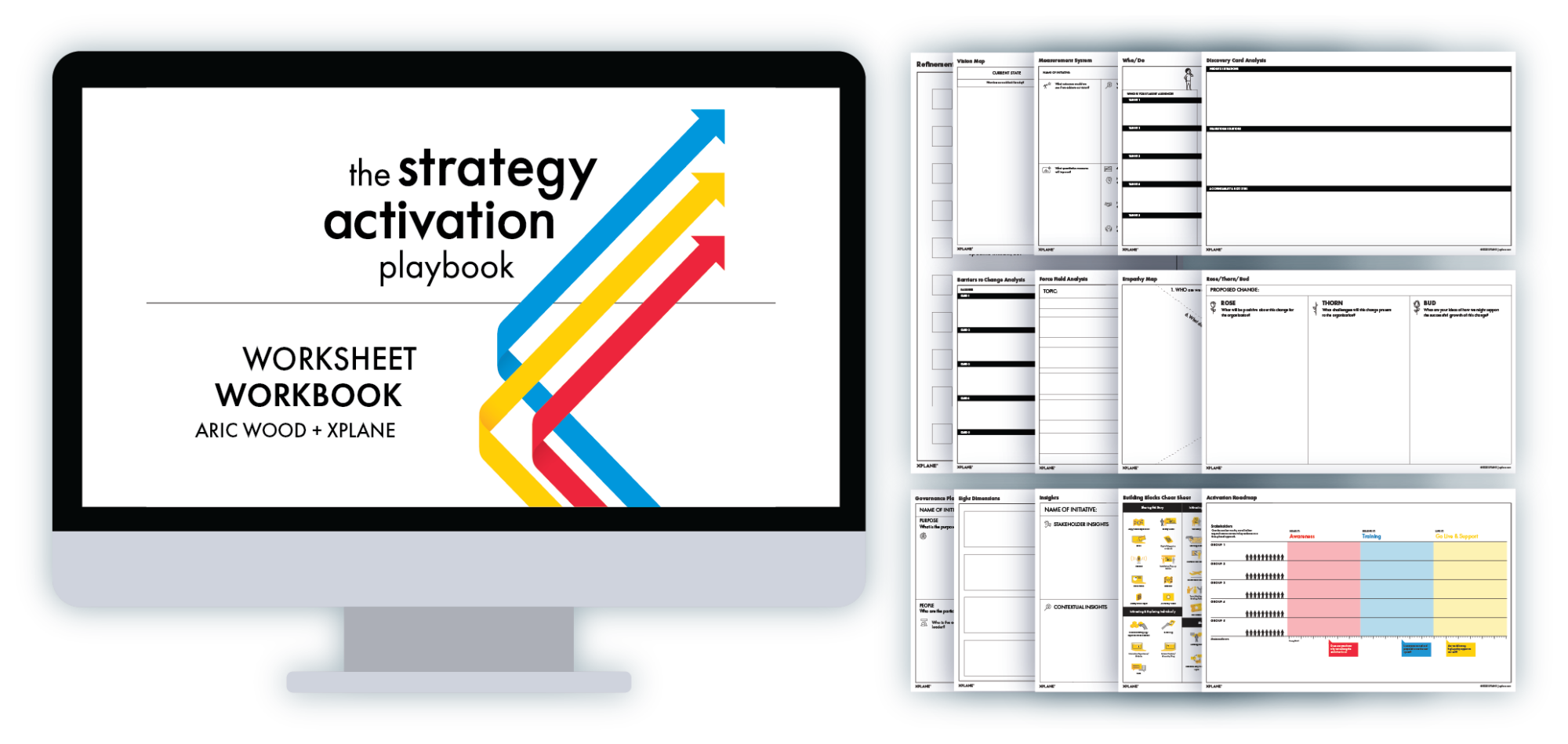 Image of "The Strategy Activation Playbook" worksheet workbook cover on a desktop computer screen next to all 14 worksheets from the book.