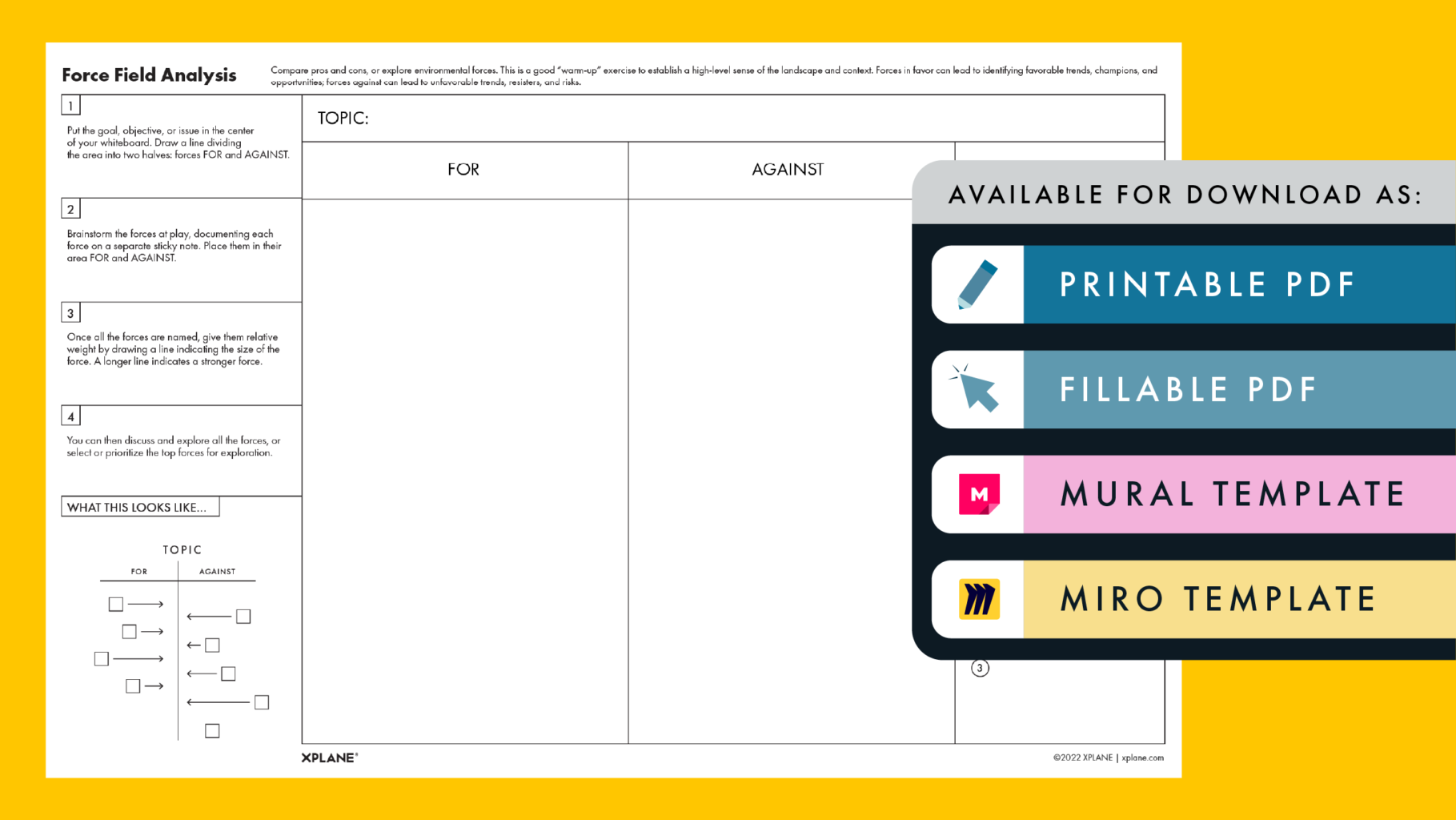 Force Field Analysis worksheet against a yellow background. Four tabs under the header "AVAILABLE FOR DOWNLOAD AS" indicate available file types available.