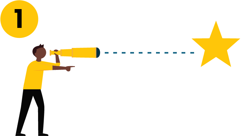 Man holding telescope pointing through a maze of sticky notes to a star. The number 1 in a yellow circle sits to the top left.
