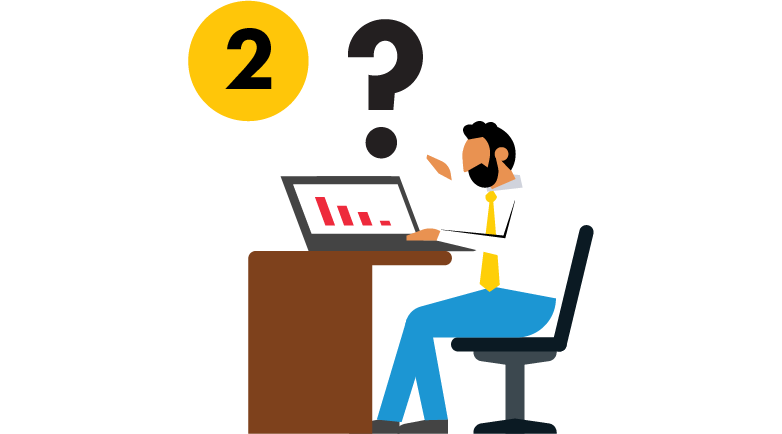 Man sits at desk with laptop displaying red bar graph. A big question mark lingers over him. The number 2 in a yellow circle sits to the top left.