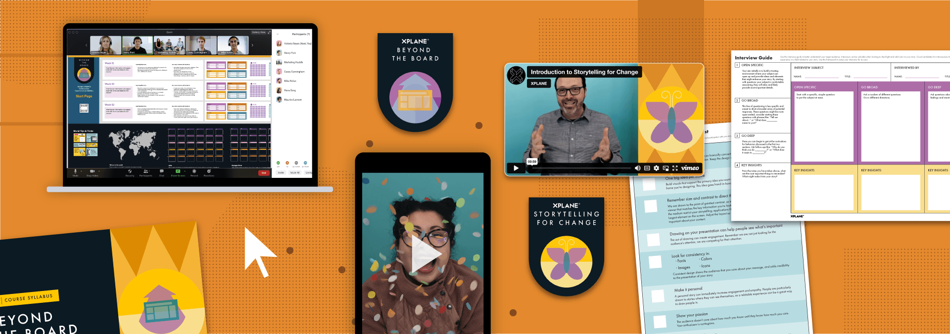 Collection of webinar screens over a dark orange background