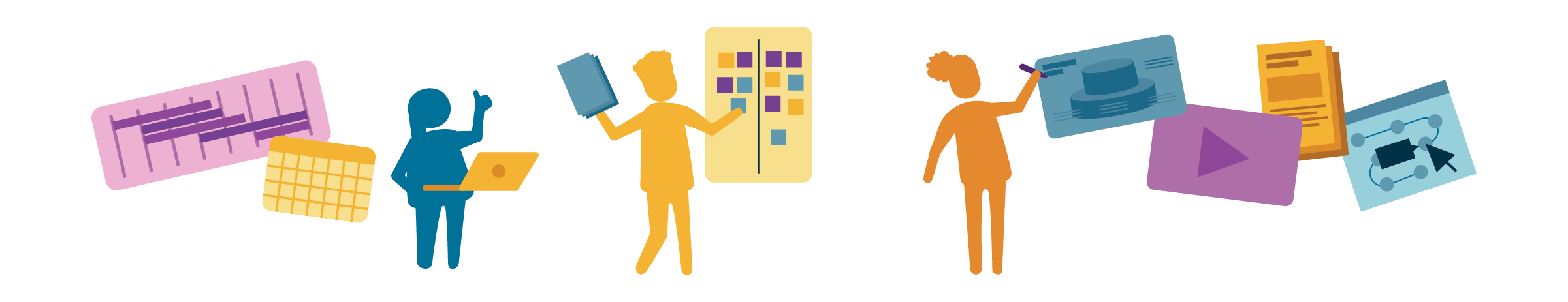 On the left, a blue figure stands holding an orange laptop to the right of a pink and purple timeline map and a calendar. At center is an orange figure holding a stack of blue papers, adding a sticky note to a group of sticky notes already on a wall. To the right is an orange figure writing on a blue vision map, layered on top of a purple tinted video, an orange stack of papers, and a blue, digital process map.