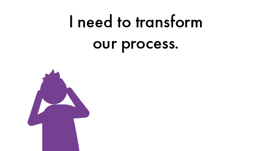 Purple figure with hands pressed to cheeks stands in front of a white speech bubble reading "I need to transform our process."