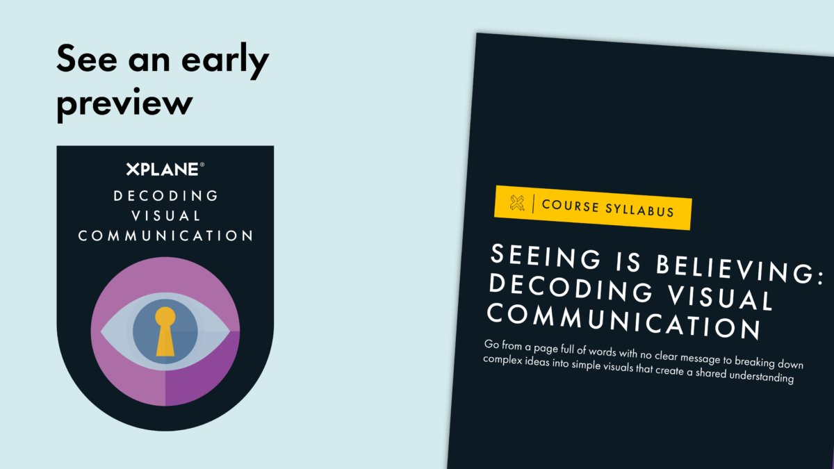 Image of the Decoding Visual Communication course syllabus peeks from the right next to text reading "See an early preview" above an image of the Decoding Visual Communication course badge. Against a light blue background.