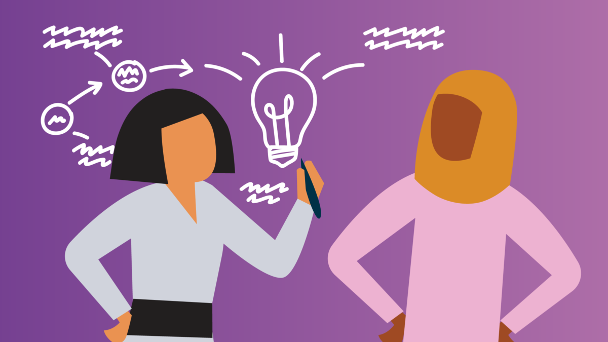 Two individuals stand in front of a purple background. One doodles on the background.