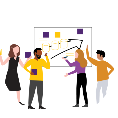 Four people stand in front of a whiteboard with sticky notes and drawings on it.