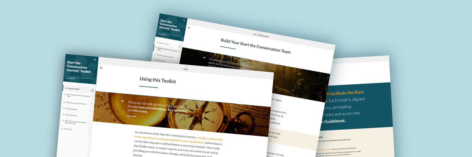 View of three pages from toolkit stacked on top of each other. Against a light blue background.